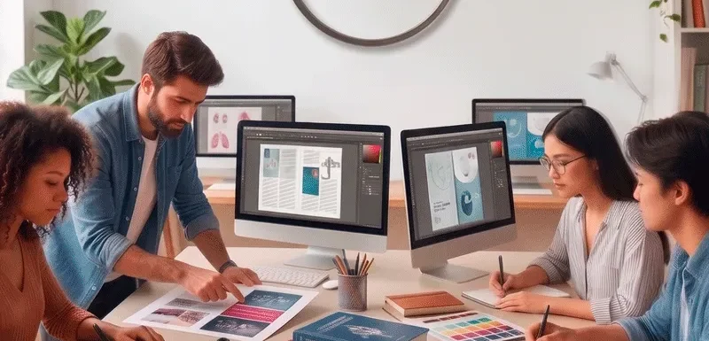 Diseño de libros, equipo de diseño de libros, equipo de edición trabajando.